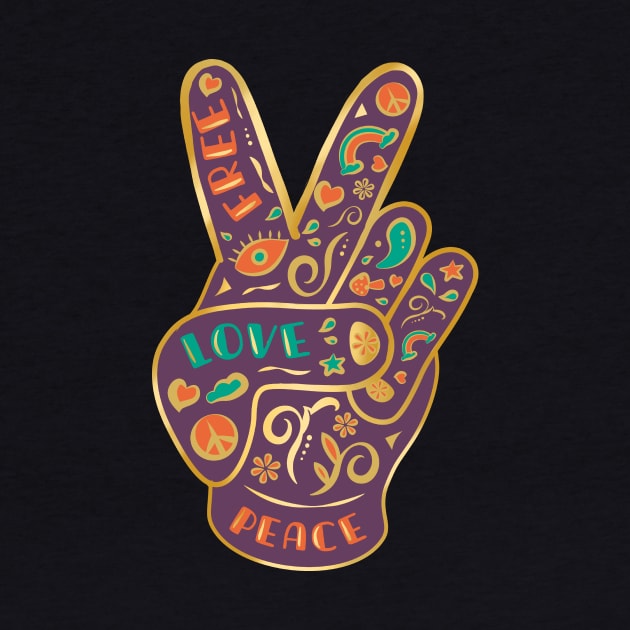 Golden Free Love Vintage Mystic Icon Peace Hand Sign by LittleBunnySunshine